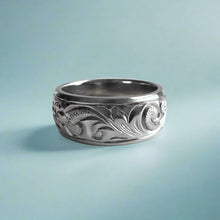 Load image into Gallery viewer, Old English & Hibiscus 8mm Ring in 14K White Gold in size 8