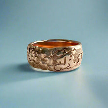 Load image into Gallery viewer, Scalloped Plumeria with Leaves 8mm Raised "Kuuipo" Ring in 14K Pink Gold in size 6