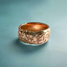 Load image into Gallery viewer, Scalloped Plumeria with Leaves 8mm Raised "Kuuipo" Ring in 14K Pink Gold in size 6