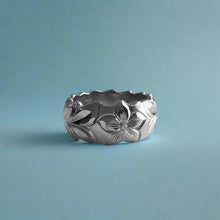 Load image into Gallery viewer, Scalloped Shiny Maile & Hibiscus 8mm HawaiianRing in 14K White Gold in size 4
