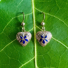 Load image into Gallery viewer, Hawaiian Puanani Heart Earrings in 14K Gold with Cobalt Blue Enamel Flower