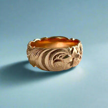 Load image into Gallery viewer, Scalloped Old English & Hibiscus 8mm Hawaiian Ring in 14K Pink Gold in size 7 1/4