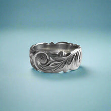 Load image into Gallery viewer, Scalloped Old English & Plumeria with Leaves 8mm Ring in 14K White Gold in size 7 1/4