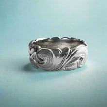 Load image into Gallery viewer, Scalloped Old English & Plumeria with Leaves 8mm Ring in 14K White Gold in size 8 3/8
