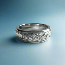 Load image into Gallery viewer, Raised Old English and Plumeria with Leaves 6mm Ring in 14K White Gold in size 5 1/2