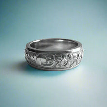 Load image into Gallery viewer, Raised Old English and Plumeria with Leaves 6mm Ring in 14K White Gold in size 5 1/2