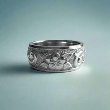 Load image into Gallery viewer, Raised Plumeria w/ Leaves and Old English 8mm "Kuuipo" Ring in 14K White Gold in size 7
