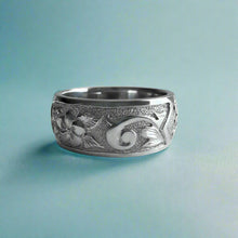 Load image into Gallery viewer, Raised Plumeria w/ Leaves and Old English 8mm "Kuuipo" Ring in 14K White Gold in size 7