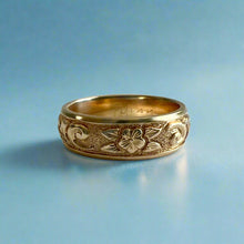 Load image into Gallery viewer, Raised Old English and Plumeria with Leaves 6mm Ring in 14K Yellow Gold in size 7