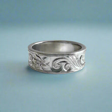 Load image into Gallery viewer, Concave Old English & Hibiscus 6mm Ring in 14K White Gold in size 5