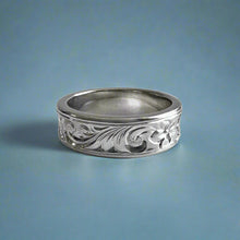 Load image into Gallery viewer, Concave Old English & Hibiscus 6mm Ring in 14K White Gold in size 6