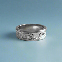 Load image into Gallery viewer, Concave Old English & Hibiscus 6mm Ring in 14K White Gold in size 6