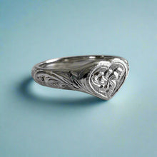 Load image into Gallery viewer, Hawaiian Heart Ring with Old English & Flower engraving