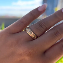 Load image into Gallery viewer, Raised Old English and Plumeria with Leaves 6mm Ring in 14K Yellow Gold in size 7