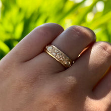 Load image into Gallery viewer, Raised Old English and Plumeria with Leaves 6mm Ring in 14K Yellow Gold in size 7