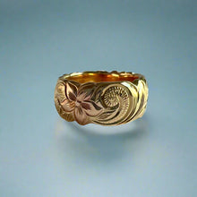 Load image into Gallery viewer, Tri-Color Scalloped 8mm Hibiscus & Old English Hawaiian Ring in 14K Gold