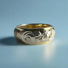 Load image into Gallery viewer, Two-Tone Scalloped Top Old English & Hibiscus 8mm Ring in 14K Green & White Gold