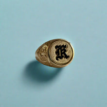 Load image into Gallery viewer, Large Round Old English Signet Ring with Initial "K" in 14K Yellow Gold