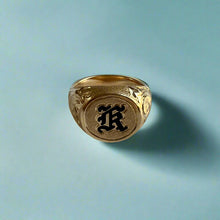 Load image into Gallery viewer, Large Round Old English Signet Ring with Initial "K" in 14K Yellow Gold