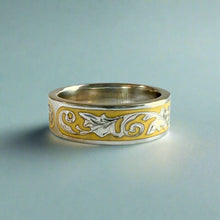 Load image into Gallery viewer, Ali'i 6mm Flat Ring with Plumeria & Old English on Yellow enamel background in 14K White Gold