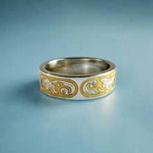 Load image into Gallery viewer, Ali'i 6mm Flat Ring with Plumeria & Old English on Yellow enamel background in 14K White Gold