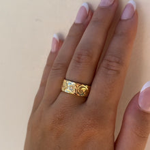 Load image into Gallery viewer, Old English & Hibiscus 8mm Hawaiian Flat Ring in 14K Yellow Gold in size 8 1/2