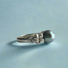 Load image into Gallery viewer, Small Plumeria with Leaf Pearl Ring in 14K White Gold in size 5 5/8