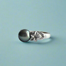 Load image into Gallery viewer, Small Plumeria with Leaf Pearl Ring in 14K White Gold in size 5 5/8