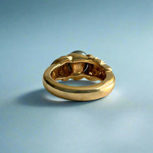 Load image into Gallery viewer, Plumeria with Slanted Bead Set Diamonds Black Pearl Ring in 14K Yellow Gold in size 4 1/2