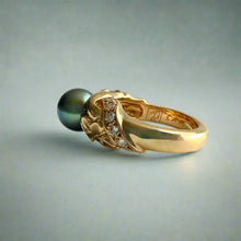 Load image into Gallery viewer, Plumeria with Slanted Bead Set Diamonds Black Pearl Ring in 14K Yellow Gold in size 4 1/2