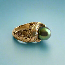 Load image into Gallery viewer, Old English & Diamonds Black Pearl Ring in 14K Yellow Gold in size 5 1/2