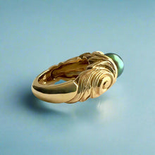 Load image into Gallery viewer, Old English & Diamonds Black Pearl Ring in 14K Yellow Gold in size 5 1/2