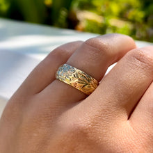 Load image into Gallery viewer, Maile and Hibiscus 8mm Hawaiian Ring with rope border in 14K Yellow Gold in size 8