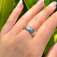 Load image into Gallery viewer, Scalloped Shiny Maile with Hibiscus & Plumeria 8mm Hawaiian Ring in 14K White Gold in size 8 1/2