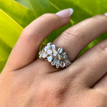 Load image into Gallery viewer, Three Plumeria Ring with Diamond in 14K White Gold