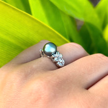 Load image into Gallery viewer, Small Plumeria with Leaf Pearl Ring in 14K White Gold in size 5 5/8