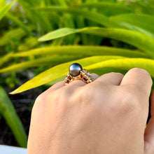Load image into Gallery viewer, Hibiscus with Leaf Black Pearl Ring in 14K Yellow Gold in size 6 1/2