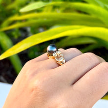 Load image into Gallery viewer, Hibiscus with Leaf Black Pearl Ring in 14K Yellow Gold in size 6 1/2