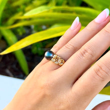 Load image into Gallery viewer, Hibiscus with Leaf Black Pearl Ring in 14K Yellow Gold in size 6 1/2