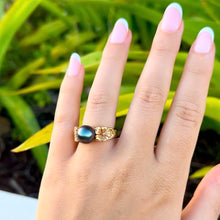 Load image into Gallery viewer, Hibiscus with Leaf Black Pearl Ring in 14K Yellow Gold in size 6 1/2