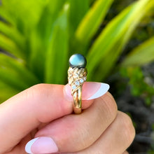 Load image into Gallery viewer, Plumeria with Slanted Bead Set Diamonds Black Pearl Ring in 14K Yellow Gold in size 4 1/2