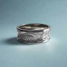 Load image into Gallery viewer, Concave Old English with Hibiscus & Plumeria 8mm Ring in 14K White Gold in size 8