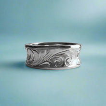 Load image into Gallery viewer, Concave Old English with Hibiscus & Plumeria 8mm Ring in 14K White Gold in size 8