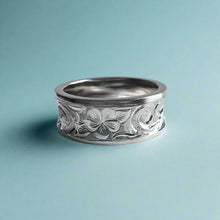 Load image into Gallery viewer, Concave Old English with Hibiscus & Plumeria 8mm Ring in 14K White Gold in size 8