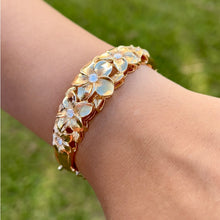 Load image into Gallery viewer, Large Five Diamond Plumeria Hinge & Clasp Hawaiian Bracelet in 14K Yellow Gold