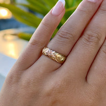 Load image into Gallery viewer, Tri-Color Scalloped 6mm Hibiscus & Old English Hawaiian Ring in 14K Gold