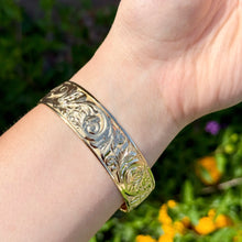 Load image into Gallery viewer, Victorian Scrolls 18mm Raised "Kuuipo" Hawaiian Bangle Bracelet in 14K Yellow Gold