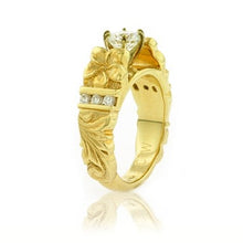 Load image into Gallery viewer, Deep Cut Old English & Plumeria 8mm French Mount Ring with Diamonds & Cubic Zirconia in 14K Yellow Gold in size 8 1/4