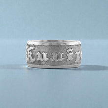 Load image into Gallery viewer, Raised Old English and Plumeria 10mm "Kuuipo" Ring in 14K White Gold in size 8 1/2

