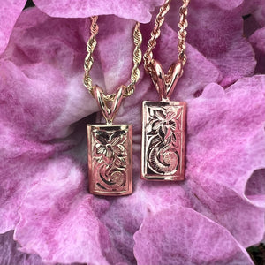 Hibiscus & Old English Scroll Pendant in 14K Yellow and Pink Gold